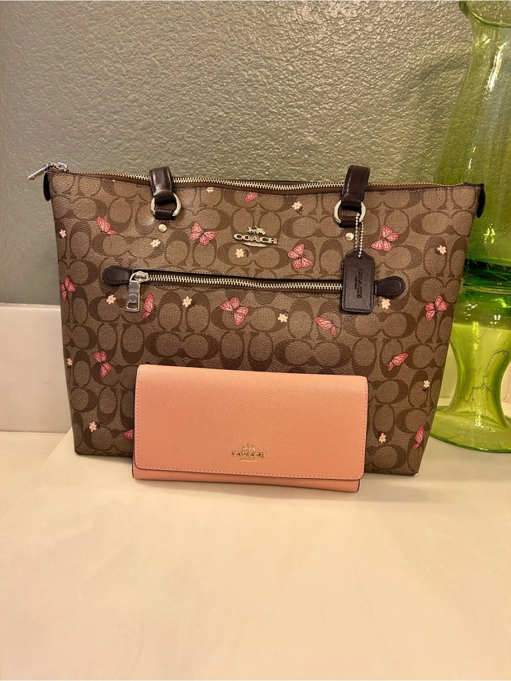 Coach Signature Print Tote with Butterfly Accents AND Coordinating Wallet! - Picture 2 of 16